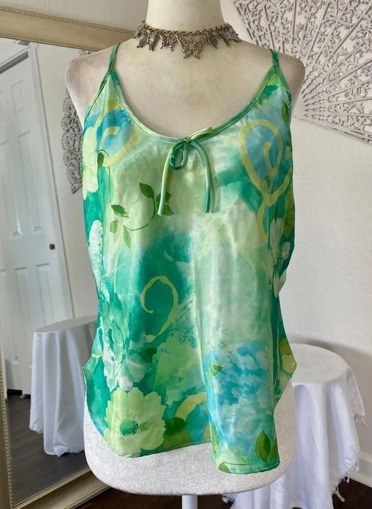 Early 2000’s Slinky Floral Flower Light Green Mint Satin Bow Cami Made in USA L Size L - Image 5