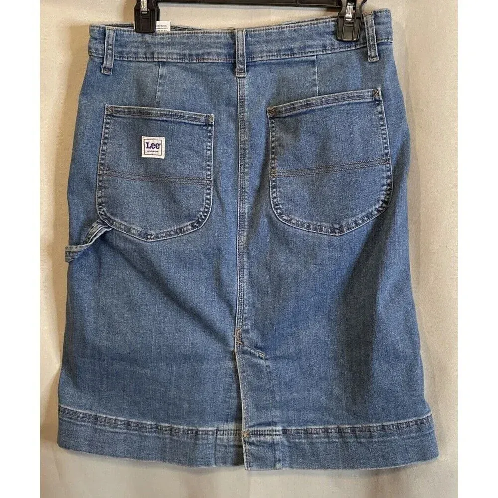 Lee Size 10M Mid Rise Essential Indigo Knee Length Denim Skirt Cargo Stretch NEW - Image 2
