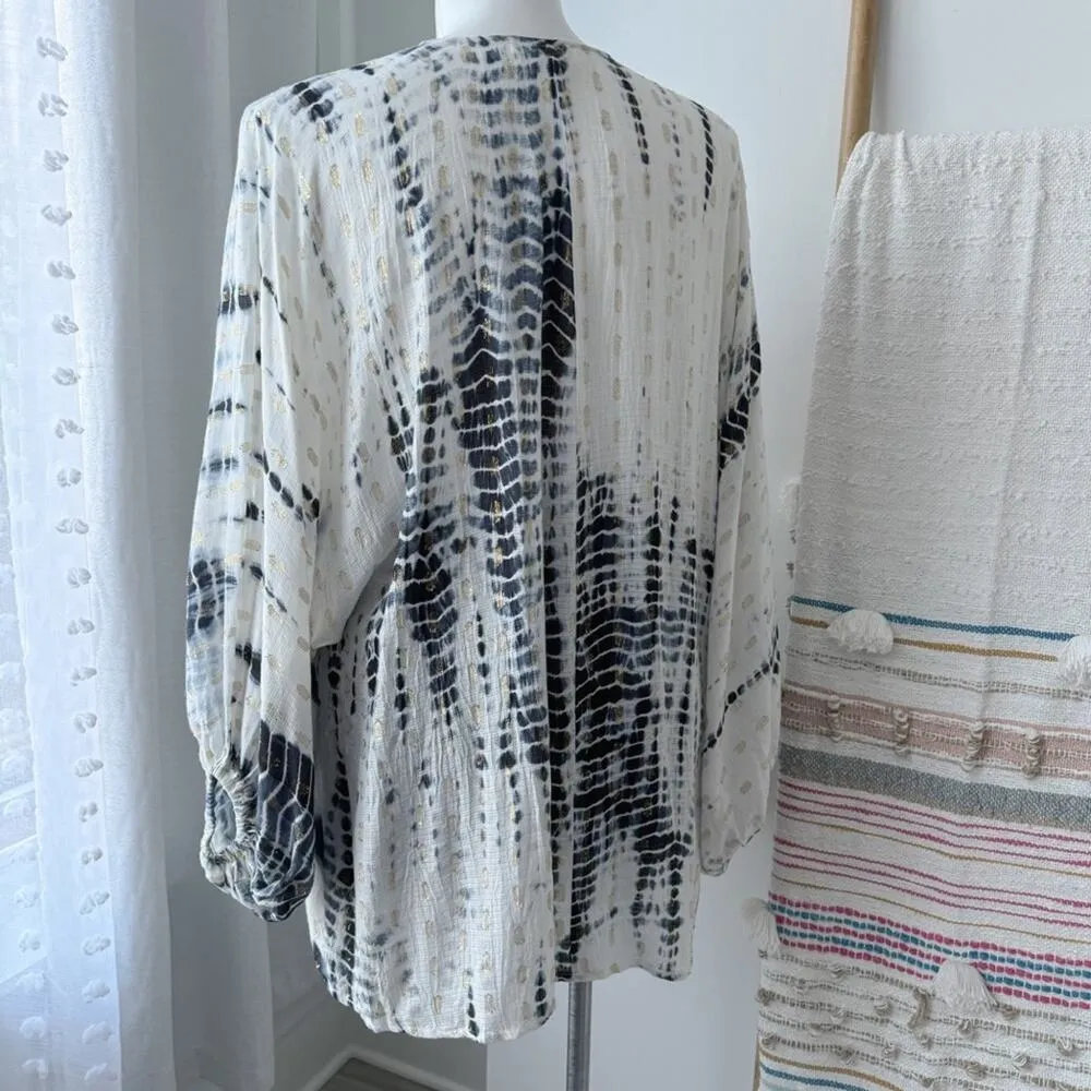 Anthropologie Vada White Blue Gold Shimmer Cocoon Kimono Women’s One Size - Image 7