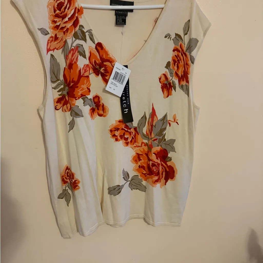 2X August Silk Sweater Top Silk Blend Plus 2X Beige  Floral Colorful Knit Top - Image 13
