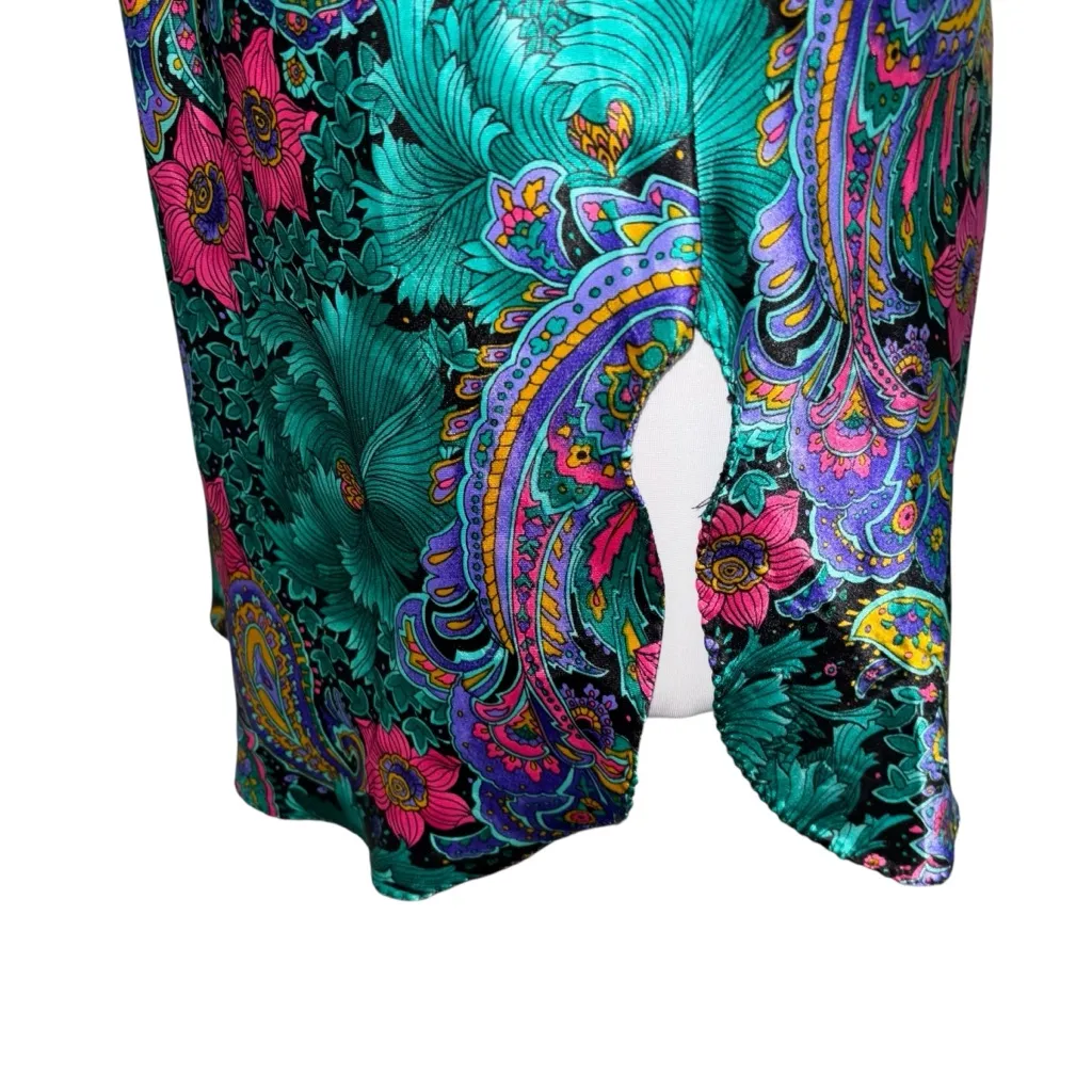 California Dynasty Vintage Paisley Satin Sleepwear Chemise Slip Robe Set Medium Green - Image 5