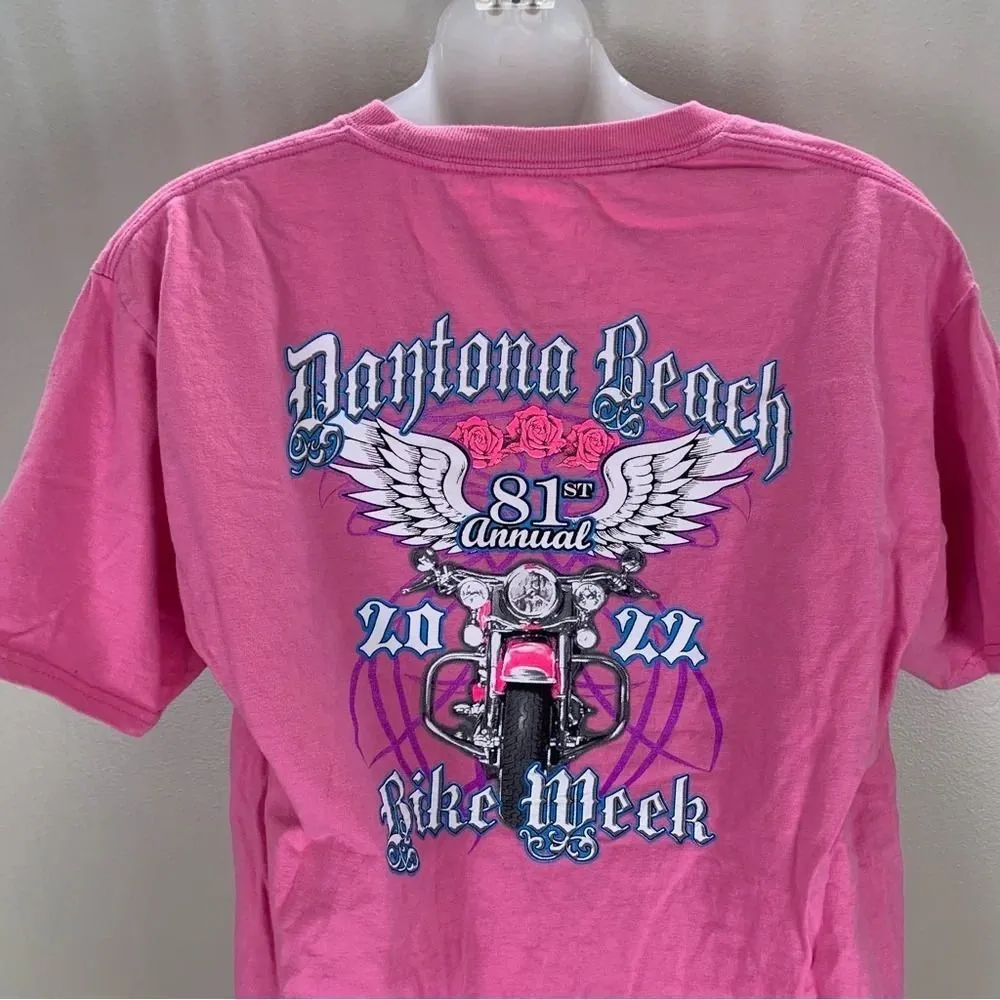 Disneyland Walt Disney Daytona Beach 2022 Graphic T-shirt Pink Bike Week Medium - Image 2