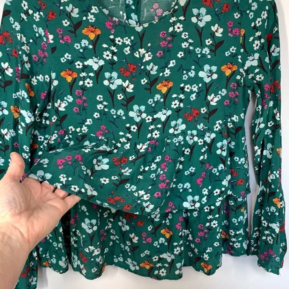 Zara Women's Floral Allover Print Peplum Long Sleeve Top Green Size Small - Image 8