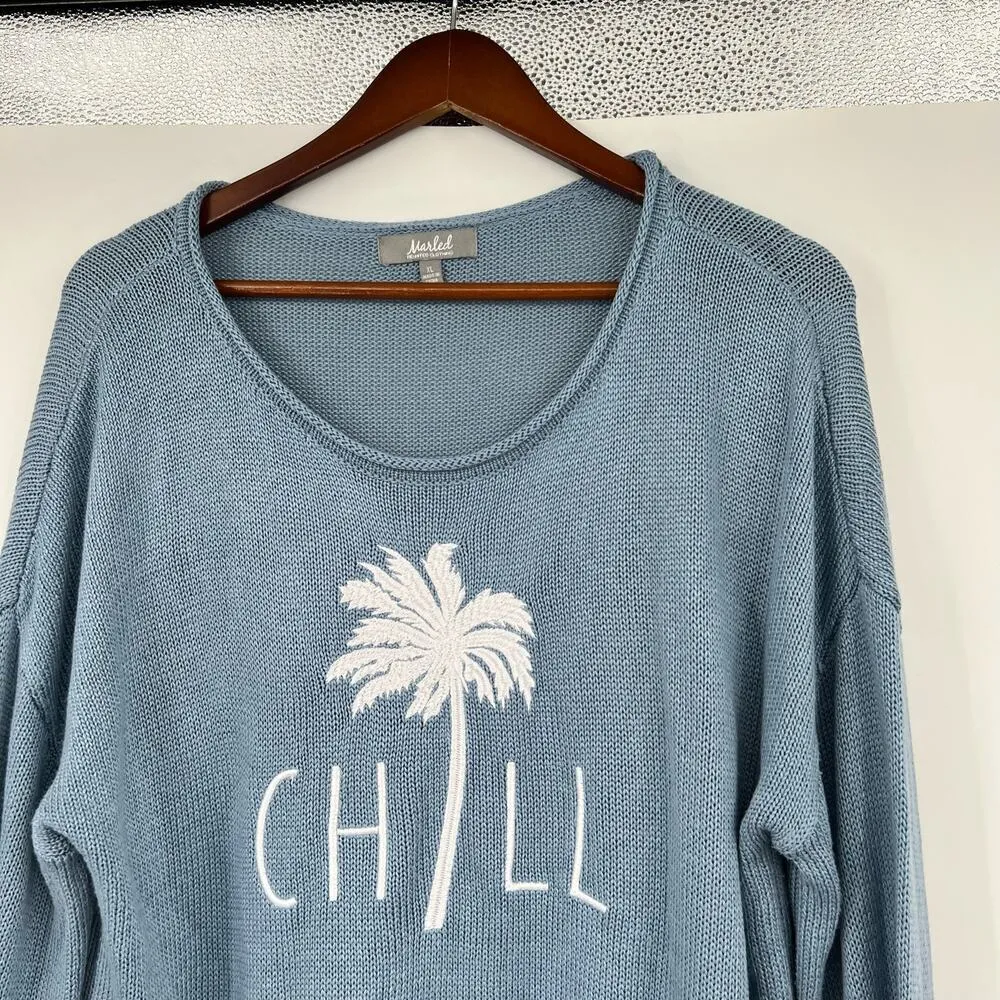 Marled Reunited Clothing light blue Chill palm tree knit pullover sweater sz XL - Image 6