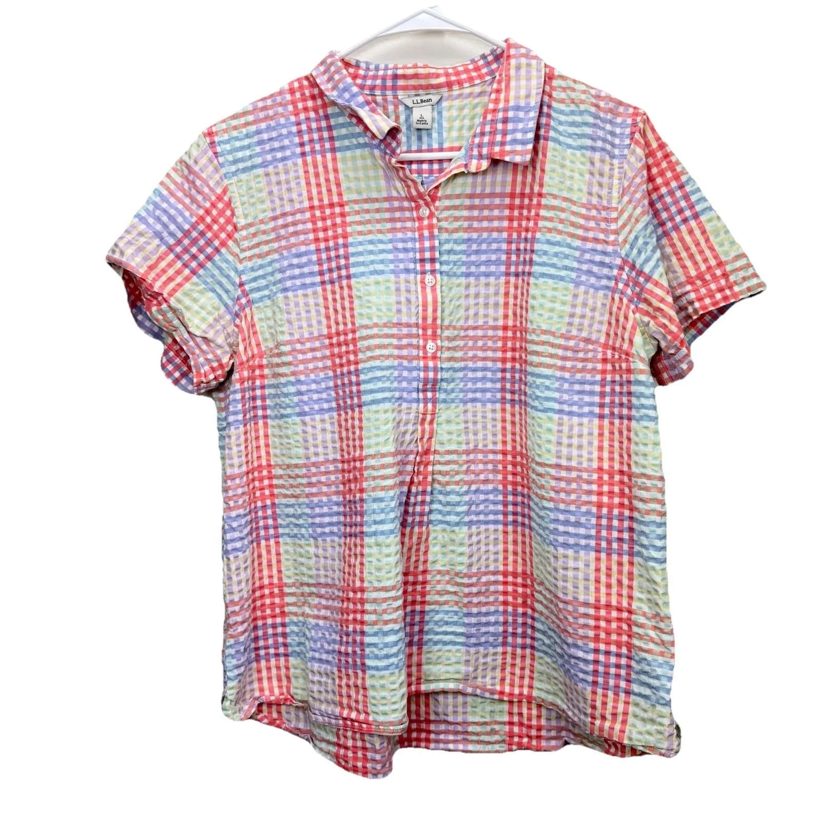 LL Bean Vacationland Seersucker Short Sleeve Colorful Plaid Popover Shirt LARGE - Image 6