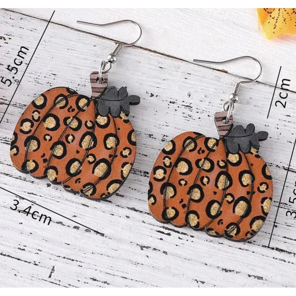 Leopard Print‎ Pumpkin Earrings Fall Halloween Dangle Earrings New Orange - Image 2
