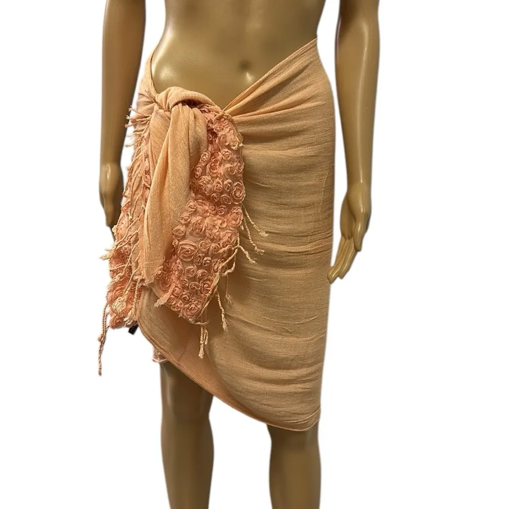 Light Orange Peach Rosette Accent Gauzy Sarong Wrap Scarf 25.5 x 63.5 inches - Image 4