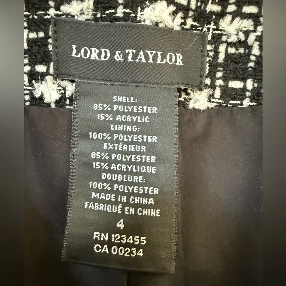 LORD & TAYLOR Black White Tweed Frayed Bouclé Blazer Jacket Size 4 - Image 7