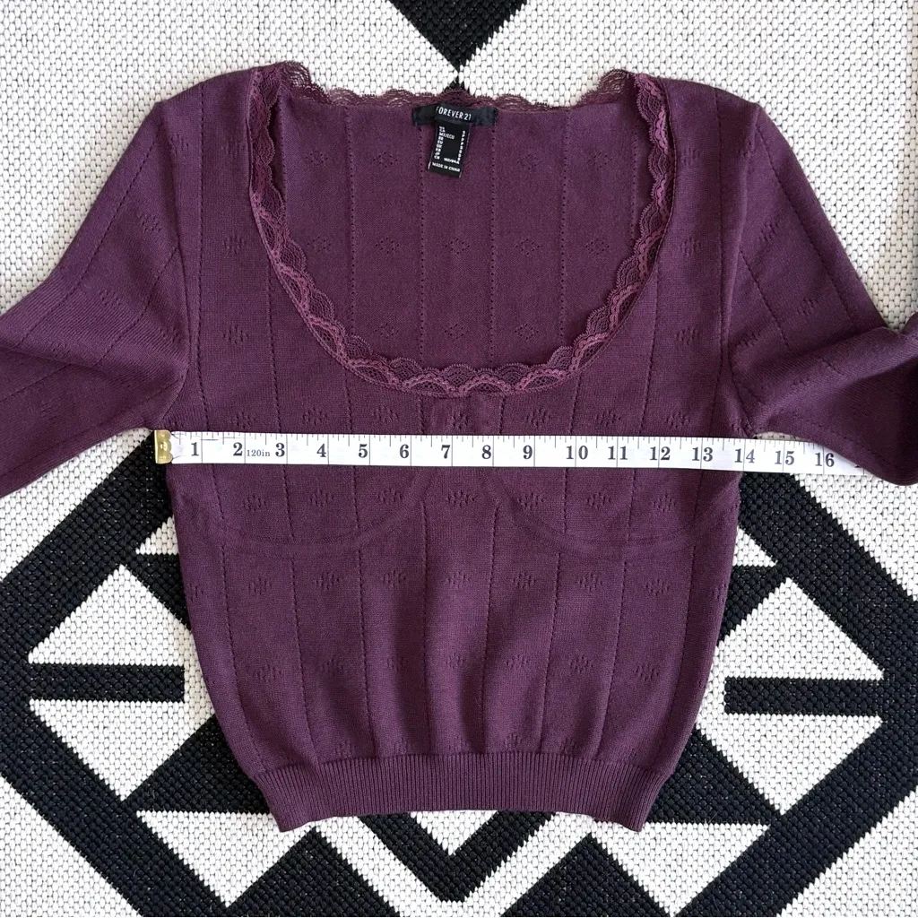 Forever 21 Lace Trim Pointelle Cropped Sweater in Dark Purple Small - Image 2