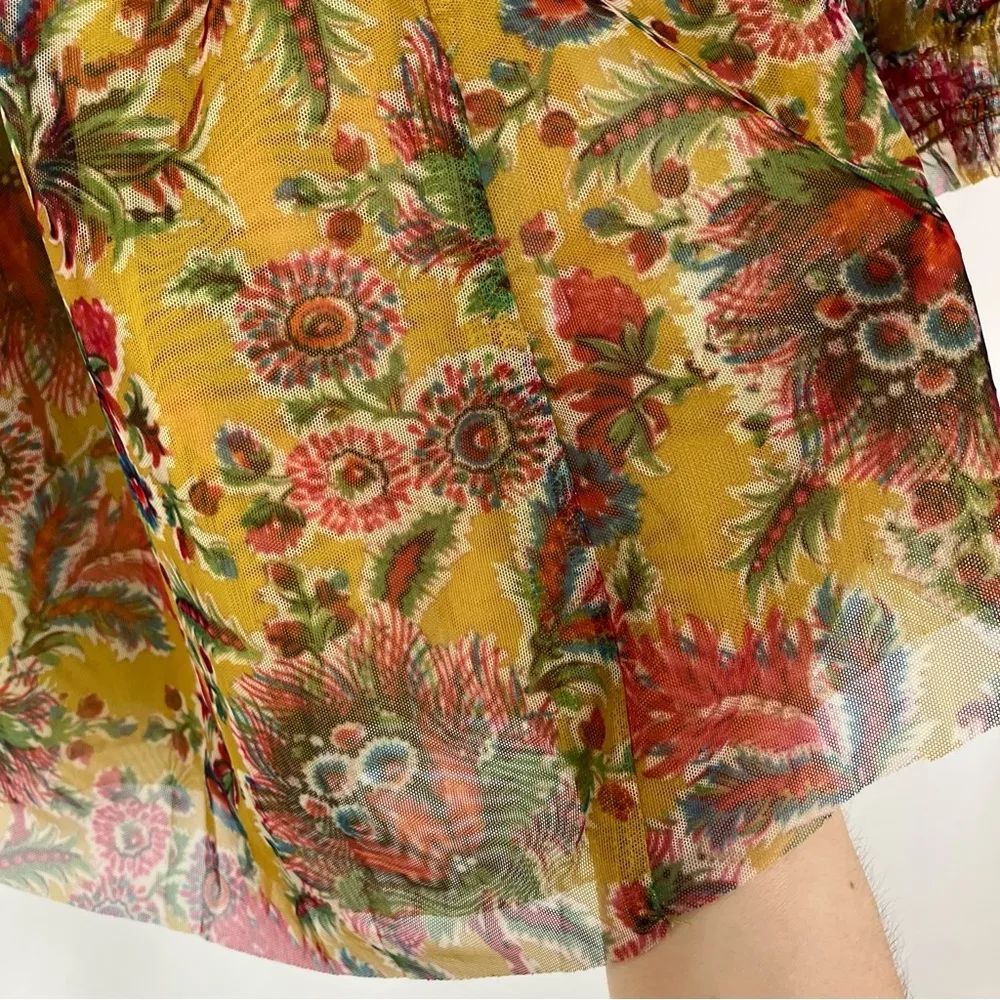 Anthropologie | Floral Mustard Yellow 3/4 Sleeve Semi-Sheer Blouse XS PETITE - Image 3
