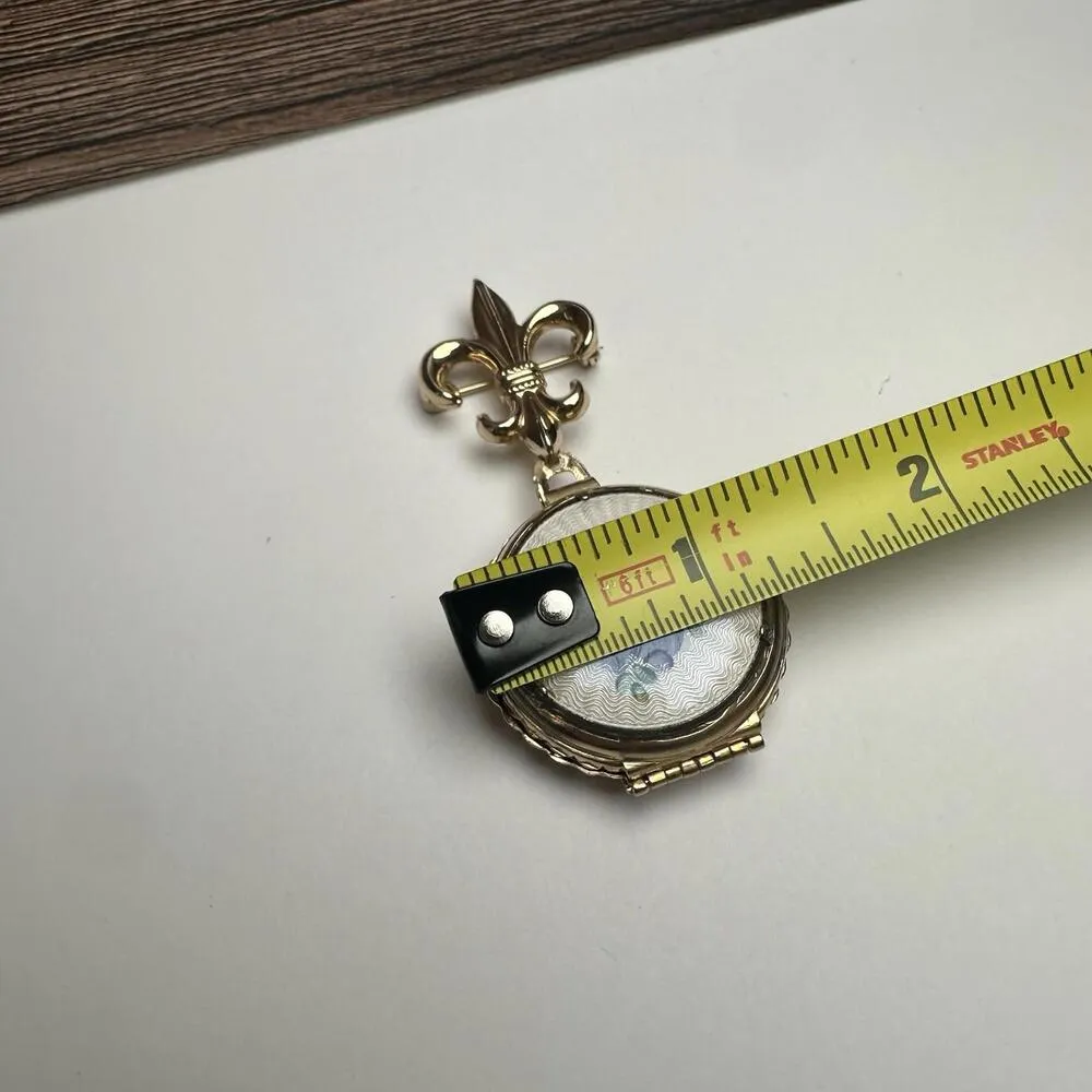 Coro Locket Dange Fleur De Lis Purple Pansy Flower Brooch Pin Gold Tone Vintage - Image 2