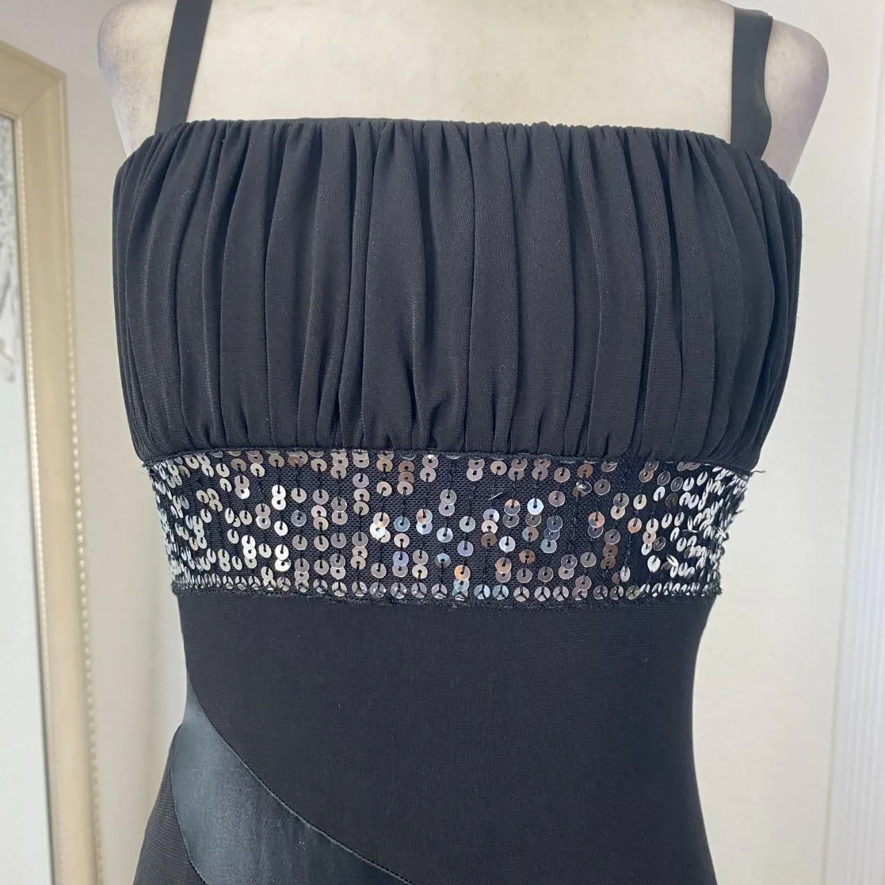 Teeze Me Early 2000's Black Silver Asymmetric Satin Sequin Midi Formal Dress S - Image 5