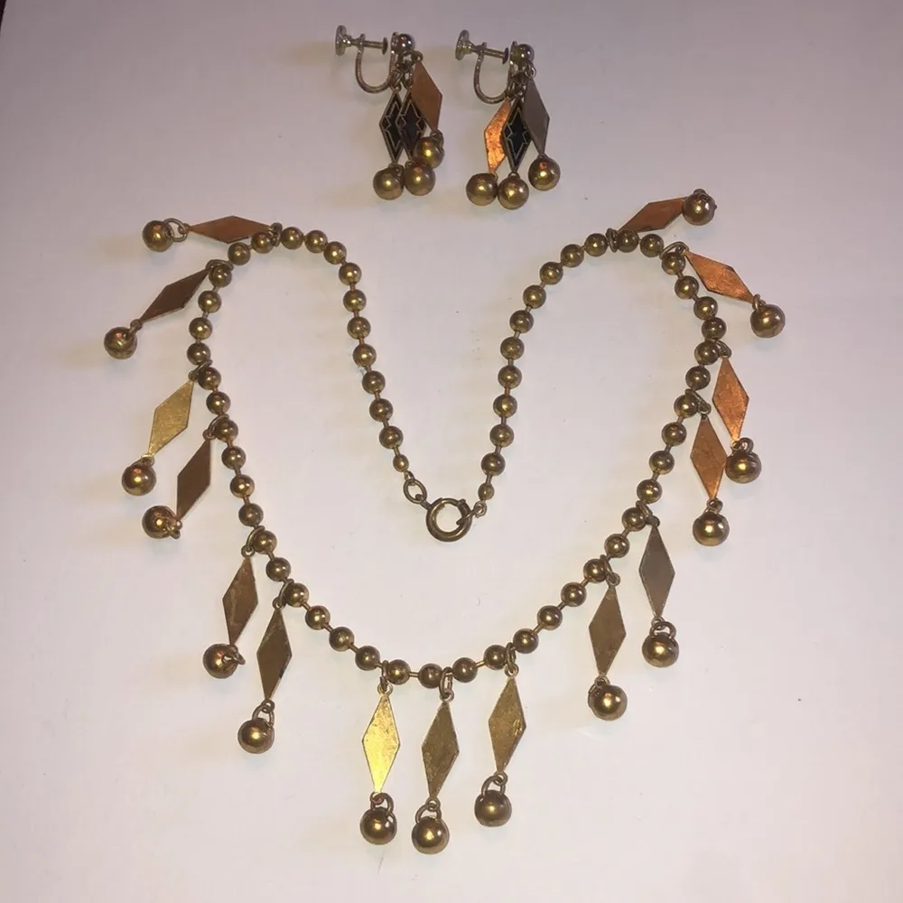 Vintage Art Deco Brass Tone & Black Enamel Ball Drop Necklace & Earrings Set - Image 10