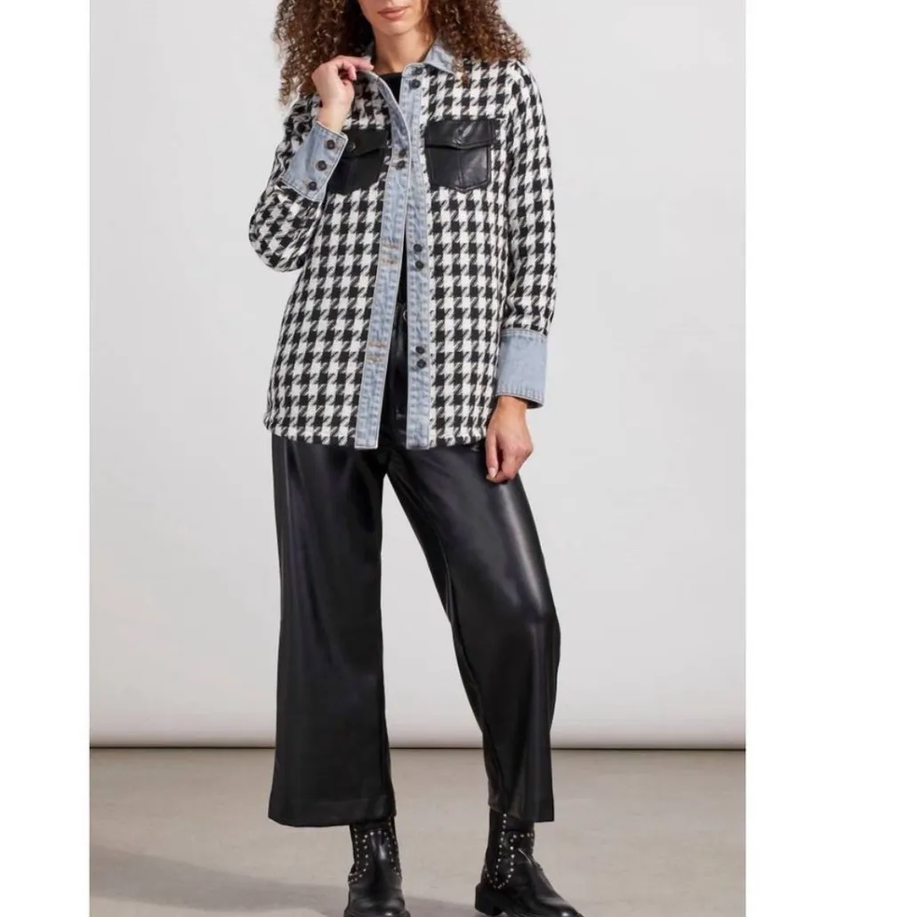 Tribal Jeans M Houndstooth Denim Combo Shirt Jacket Black White Faux Leather Size M - Image 3