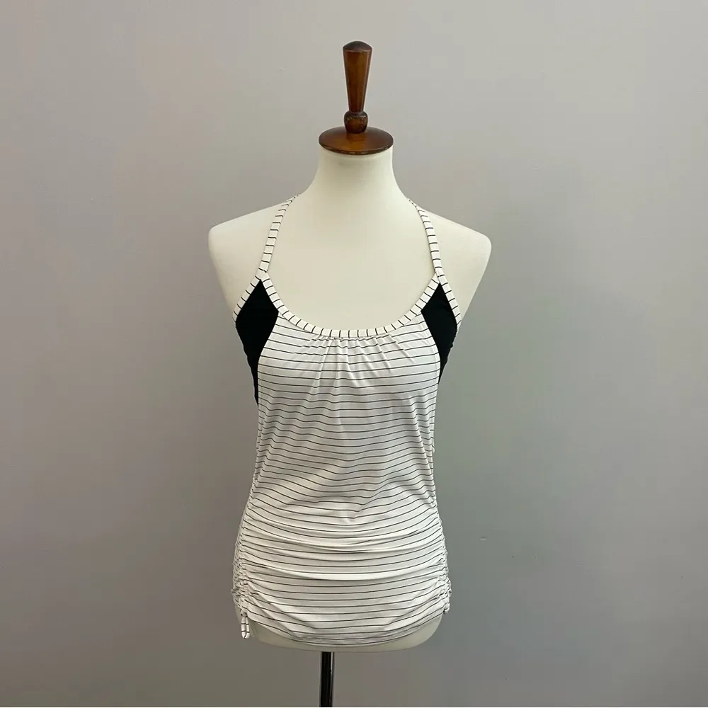 Calia Carrie Underwood Tank Sports Bra Striped Layered Cinch Sides Black Cream - Image 2