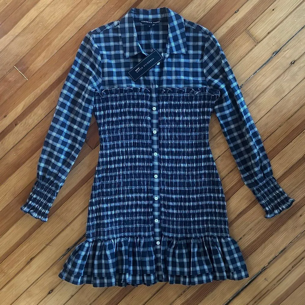 Veronica Beard NWT Kelsey Plaid Peplum Shirt Dress in Ink/White Size 8 - Image 3