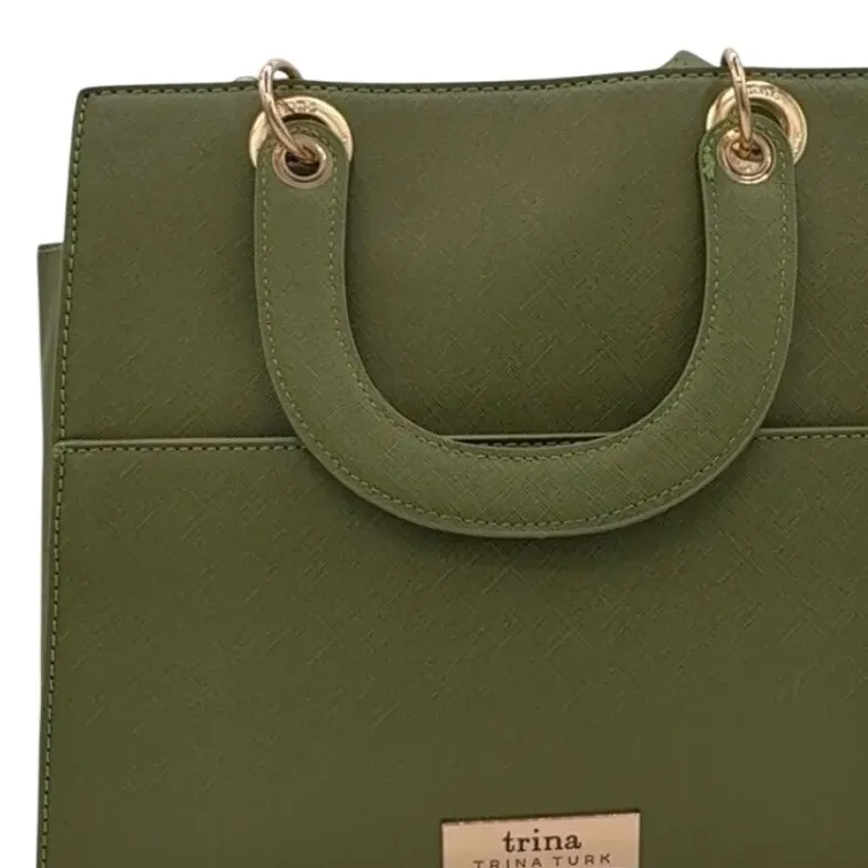 Trina Turk Pesto Tote Bag Olive Green Saffiano Leather Gold Hardware NWT - Image 6