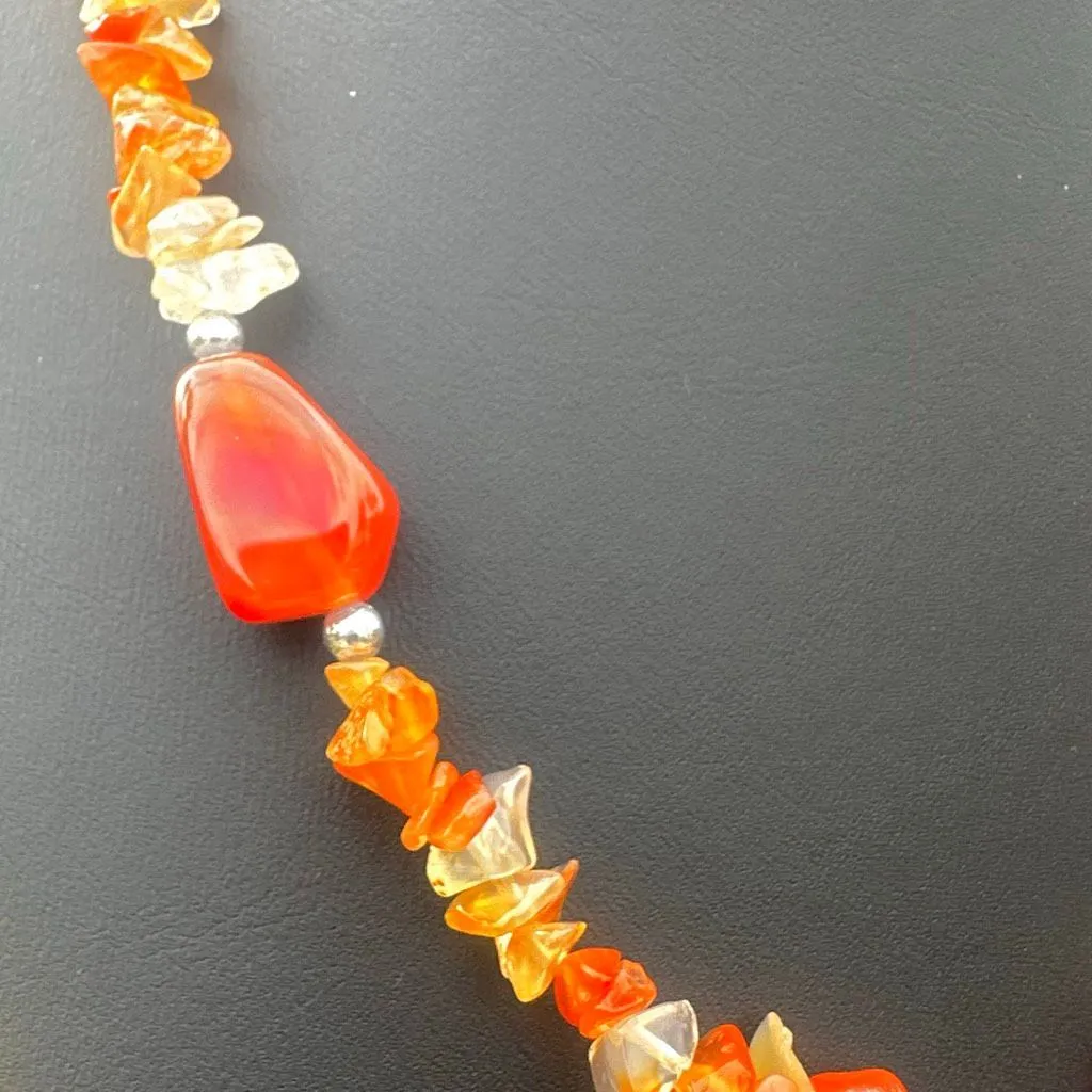 Carnelian & Agate Gemstone Chip Necklace with Banded Agate Donut Pendant Orange - Image 3