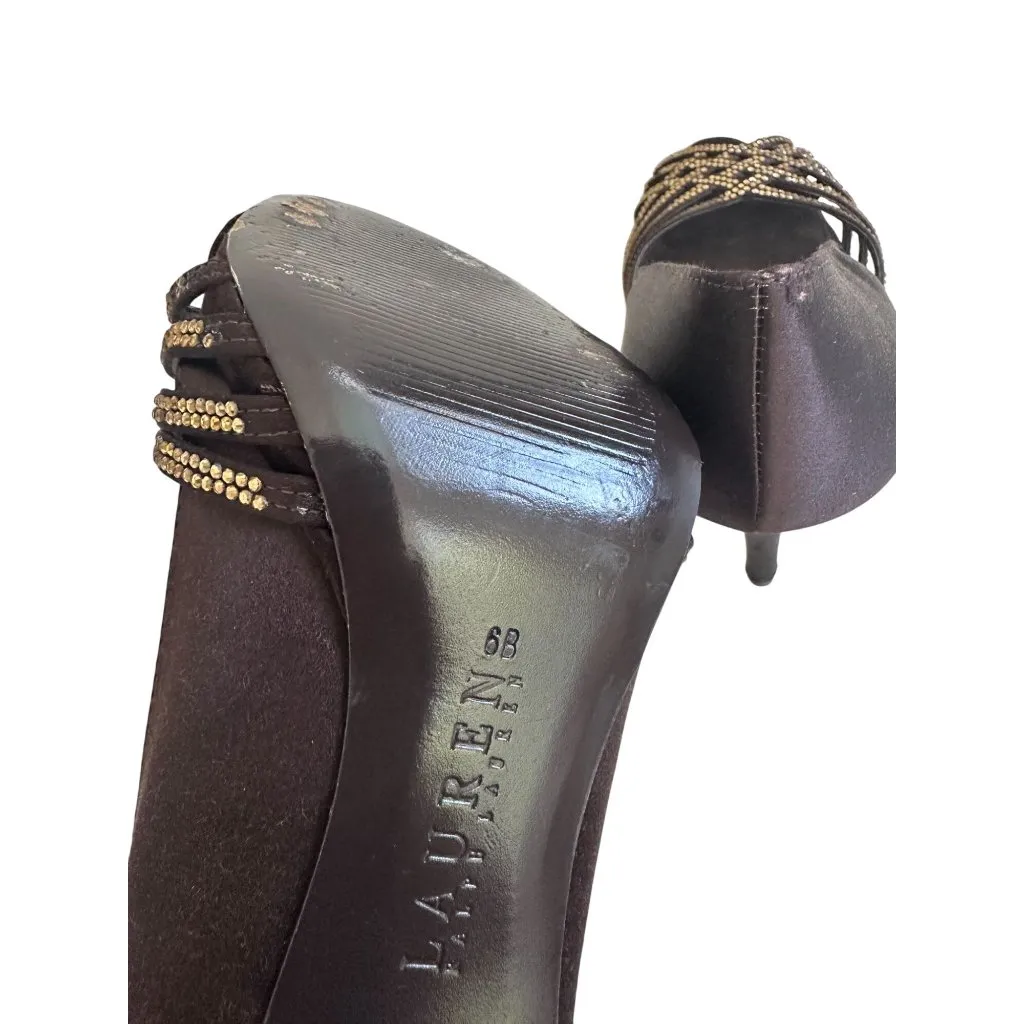 LAUREN RALPH LAUREN Brown Satin Jeweled Heels Size 6 - Image 11
