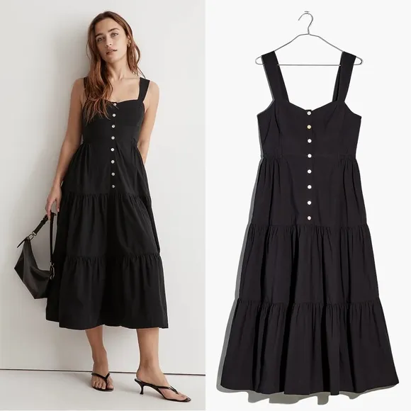 Madewell • Suzette Button-Front Tiered Midi Dress black cotton poplin sundress - Image 2
