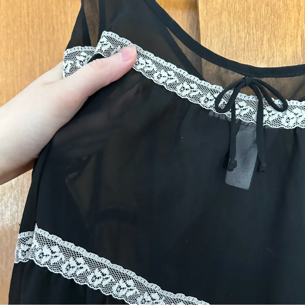 Oscar de la Renta Vintage Sheer Lace Trim Tank Black White Whimsigoth Feminine - Image 3