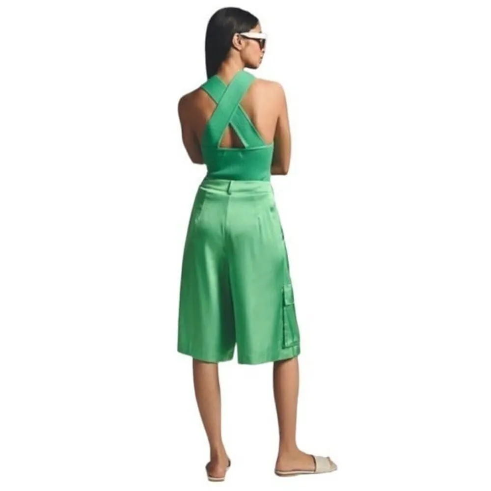 ANTHROPOLOGIE Hutch Pleated Utility Shorts Hi Rise Satin Green Size M NEW - Image 3