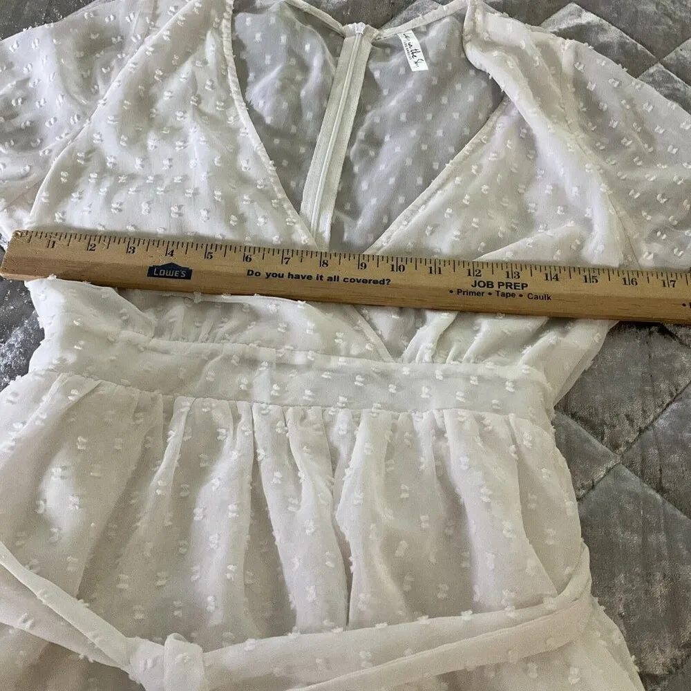 lucy in the sky dress Large L Chiffon Ivory White Polkadot Ruffle Tie Waist - Image 10