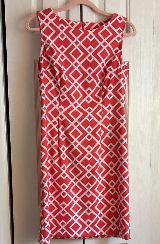 Connected Apparel Coral and White Midi Sheath Dress Bateau Neckline Sz 8 - Image 1