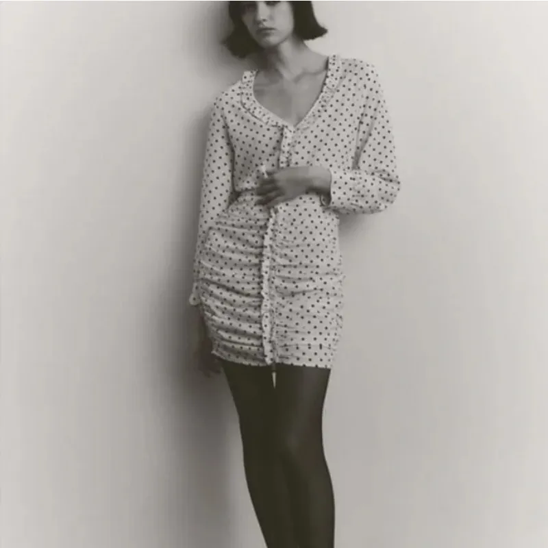 Zara Ecru White Black Polka Dot Ruched Front Long Sleeve Mini Dress - Image 10
