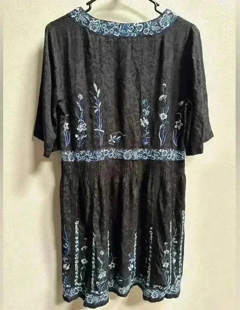 French Connection Black Embossed Brocade Blue Embroidered Floral Dress - Image 8