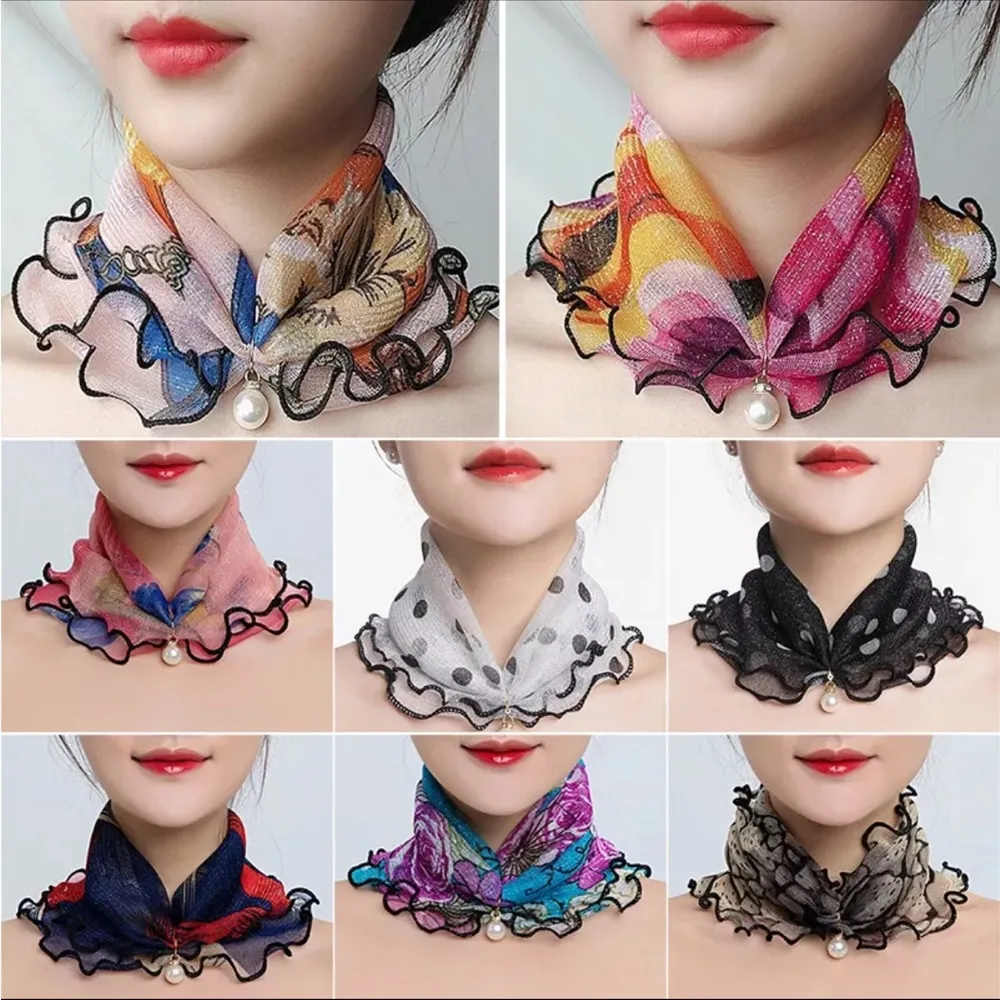 Women Shiny Pearl Organza Chiffon Scarves Bandana Ruffle Scarf Headband ☆ : Black - Image 3