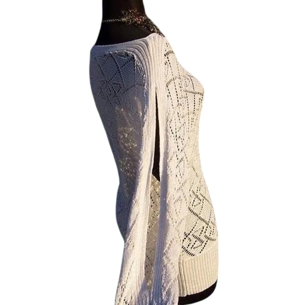 Cache White Silver Metallic Peek-A-Boo Split Sleeve Top Silk Stretch $128 NWT - Image 3
