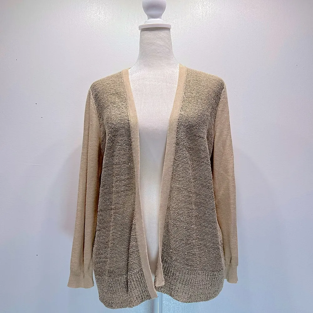 Loft Beige Linen Cotton Blend Mixed Knit Open Front Cardigan with Sequins Small - Image 4