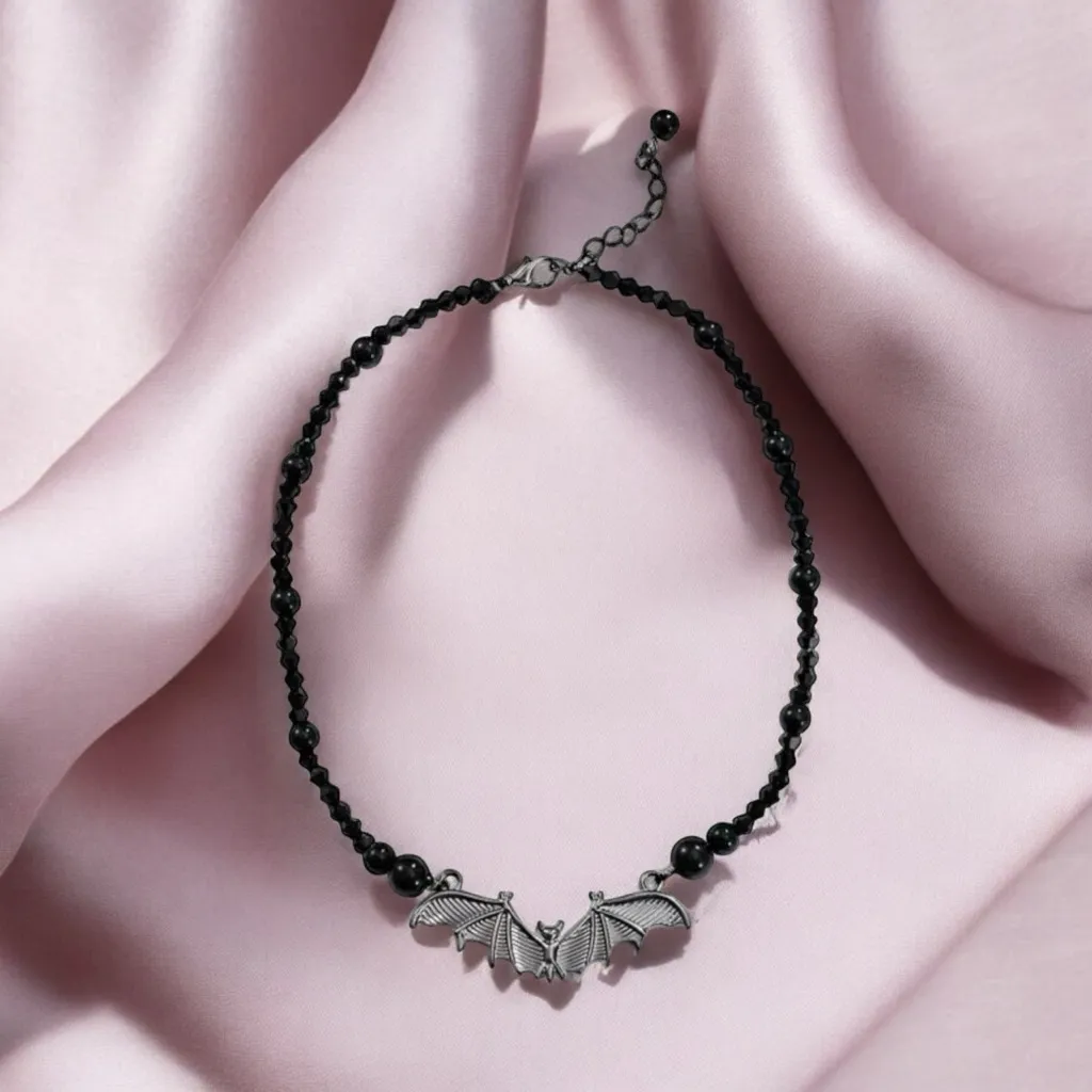 Gothic Bat Pendant Black Bead Necklace, Simple Creative Design‎ Fashion Jewelry - Image 4
