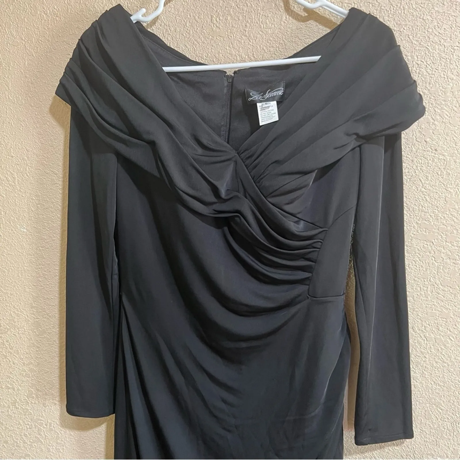 La Femme black off the shoulder long sleeve ruched pleated dress NEW - Image 3