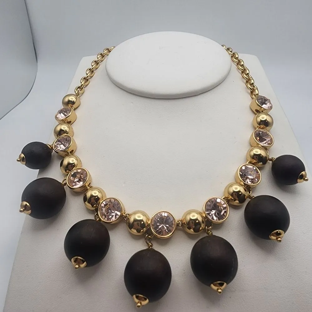 Kate Spade Second Nature Gold Tone, Pink Crystal, & Wood Statement Necklace - Image 5