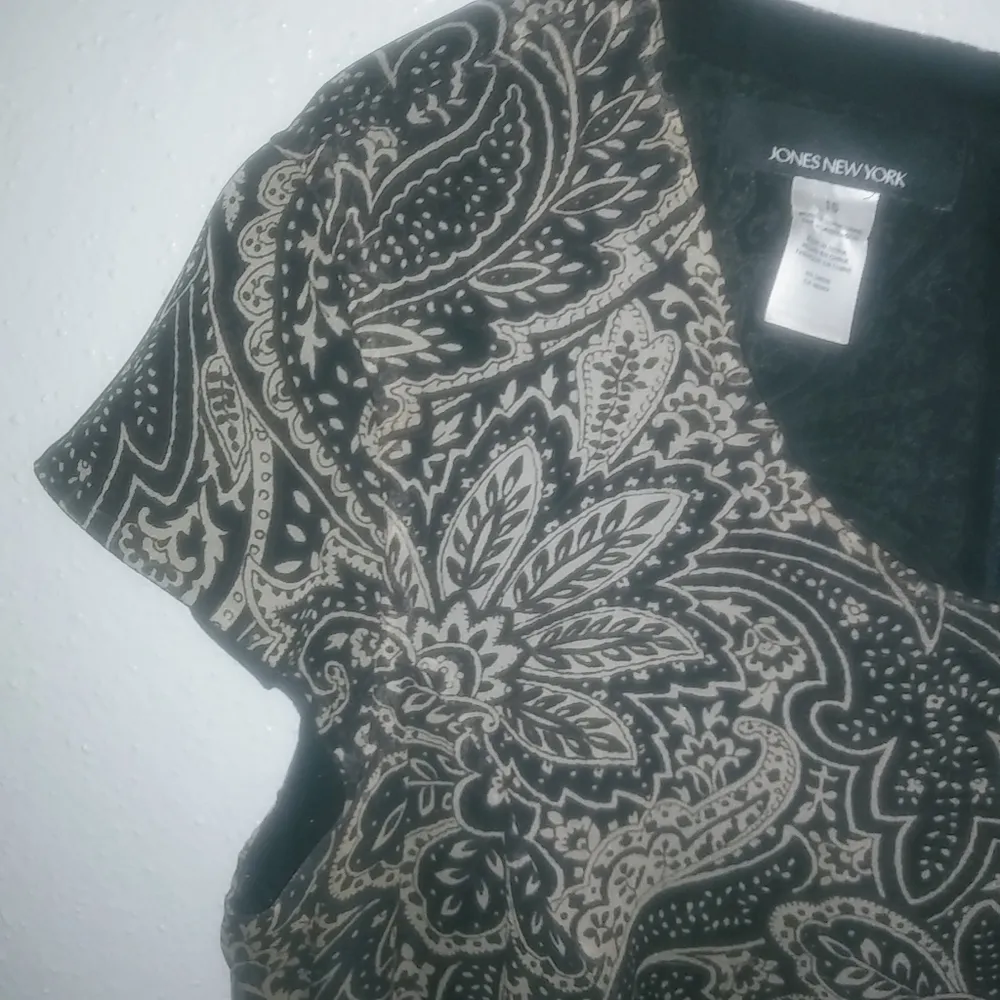 Jones New York 16 Silk Capped Sleeve Floral Paisley Midi Dress in Black Gra Plus - Image 6