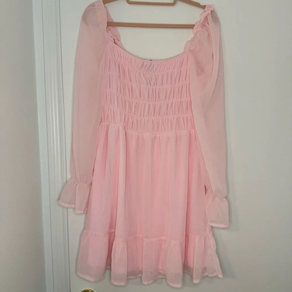 Eilly Bazar Baby Pink Shirred Flounce Sleeve Ruffle Hem Chiffon Dress Size L - Image 9