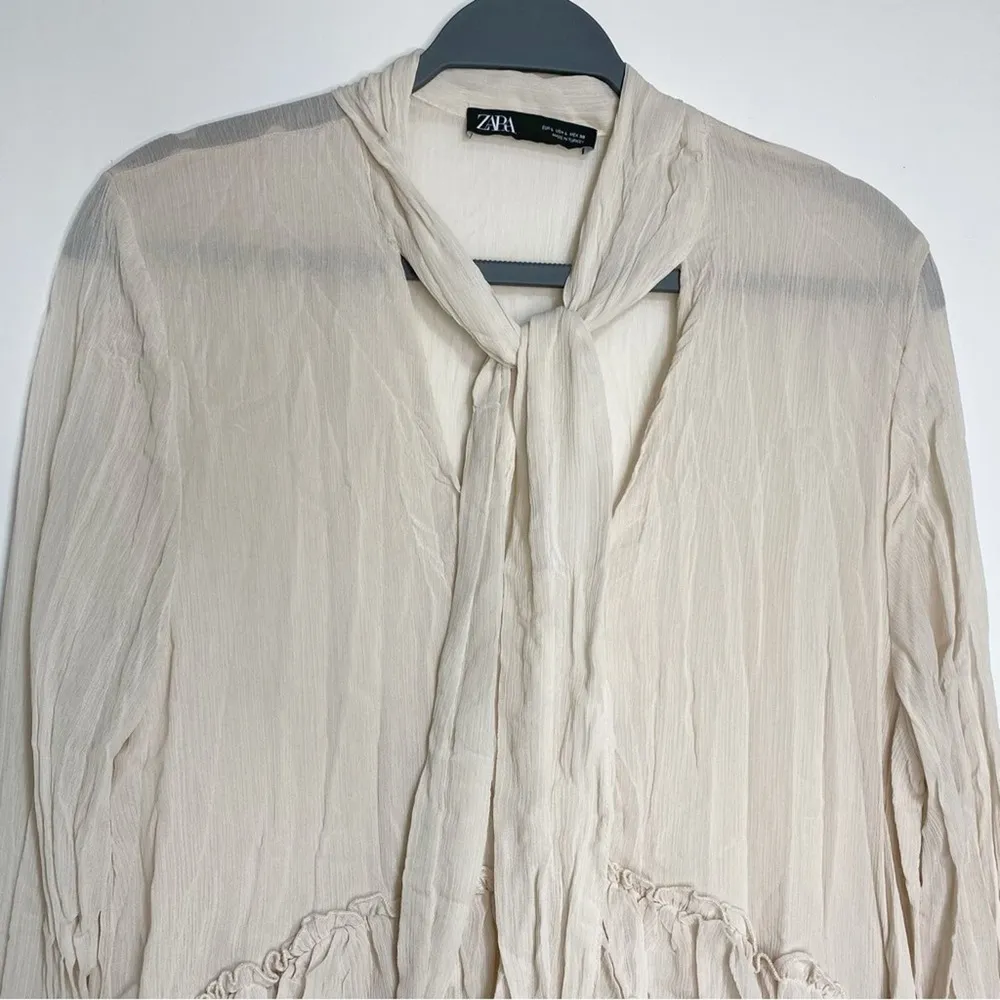 Zara Neck Tie Ruffle Long Sleeve Sheer Chiffon Mini Dress, Tunic V Neck Bone L - Image 5