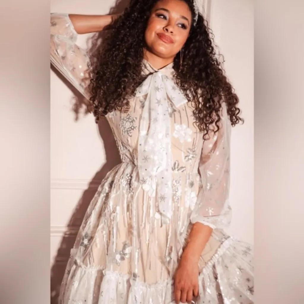 IVY CITY CO Ellis Dress in silver sequin champagne Sheer Starry Dress Bow S White - Image 7