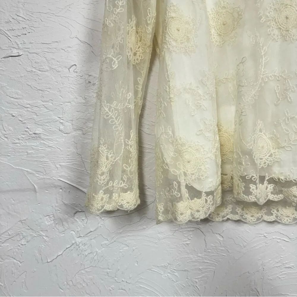 Chicos Cream Crochet Sheer Long Sleeve Blouse Womens M Boho Festival Hippie - Image 2
