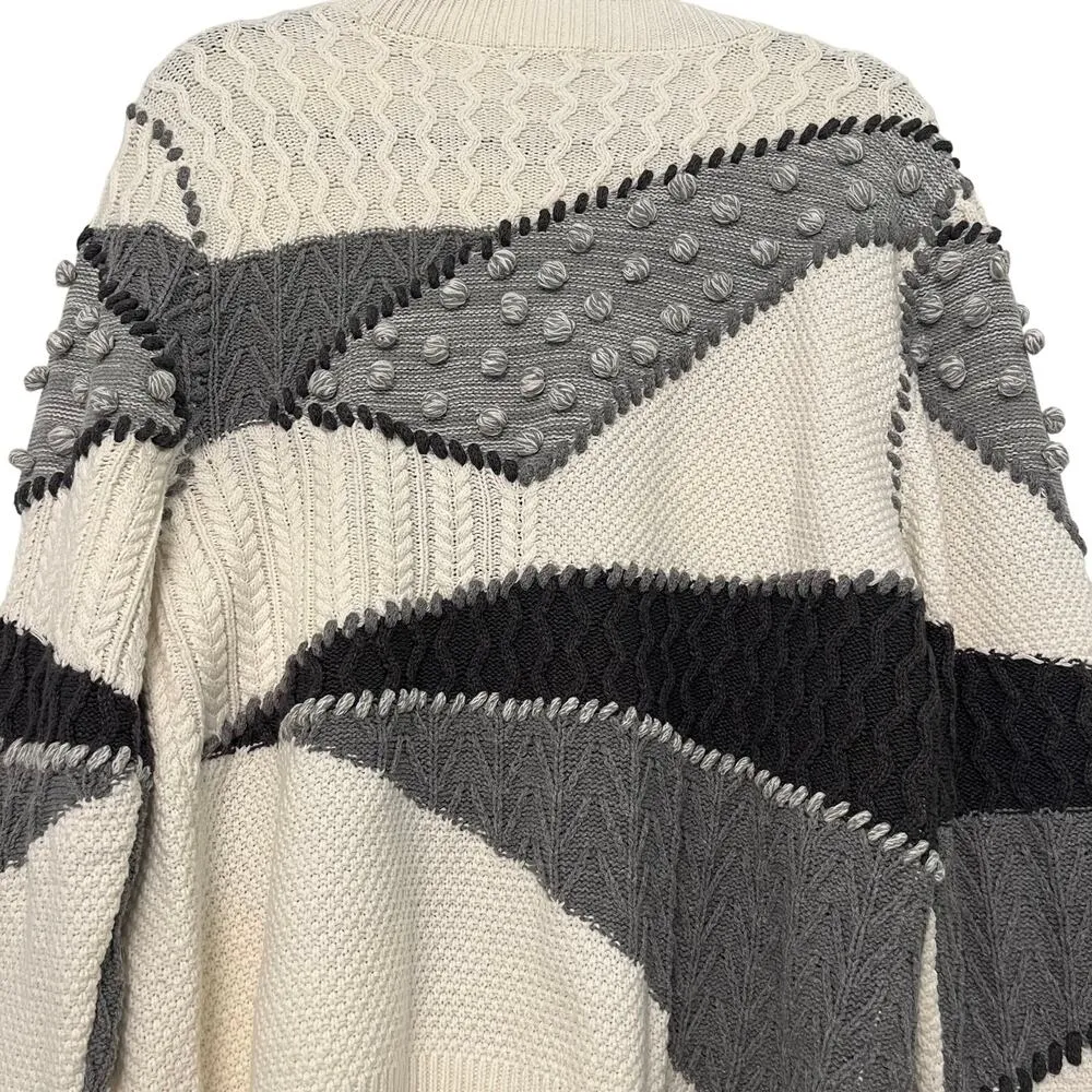 Vintage Grandpa Sweater 3D Cable Knit Cream Gray Black Medium Chunky‎ Patchwork - Image 6