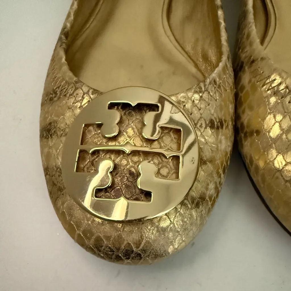 TORY BURCH Reva Metal Fiesta Snake Print Ballet Flat Coconut Beige / Gold Size 7 - Image 9