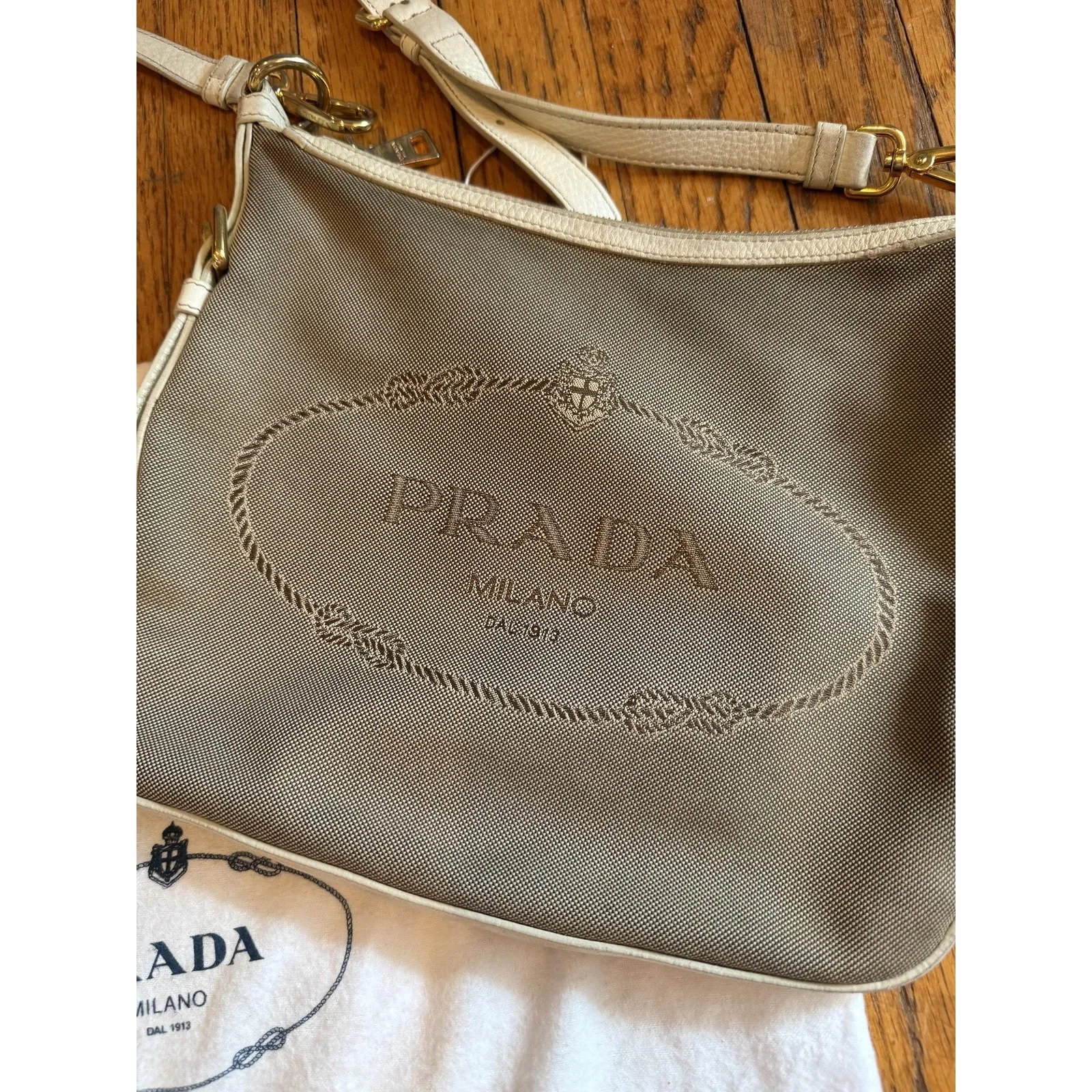 Vintage Prada Logo Jacquard Shoulder Bag Crossbody Womens Beige Italy BT0706 - Image 3