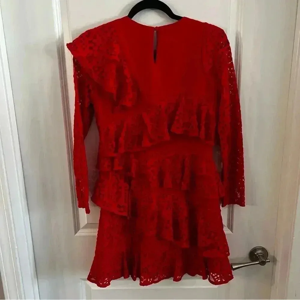 203 Aijek Mae Ruffled Long Sleeve Lace Dress Red Size 2 - Image 5