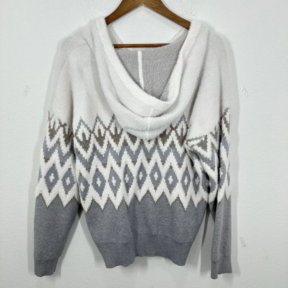 Rachel Zoe Women's Size Large Grey Cream Snow Apres Ski‎ Hooded Sweater Cozy - Image 2