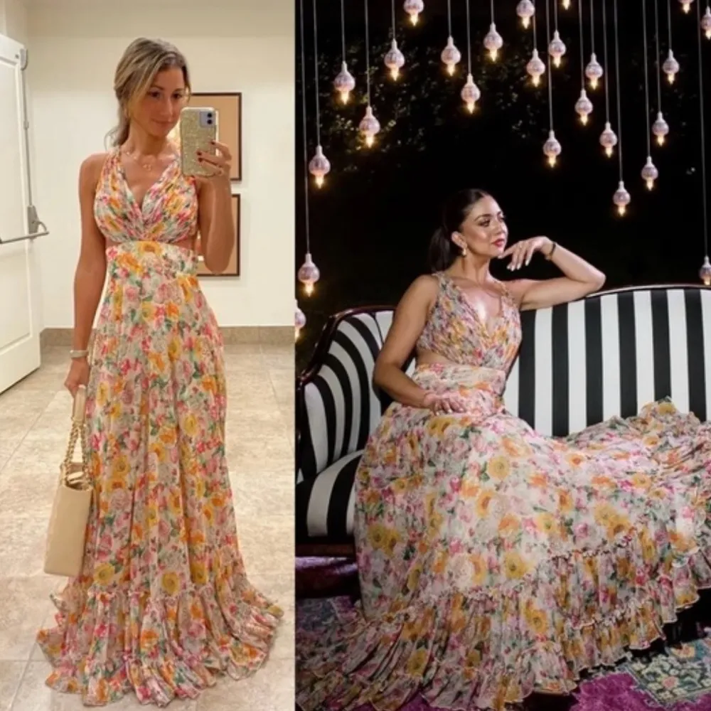 MAC DUGGAL Nude Multi Floral Print Cut Out Lace Tiered Gown - Image 3