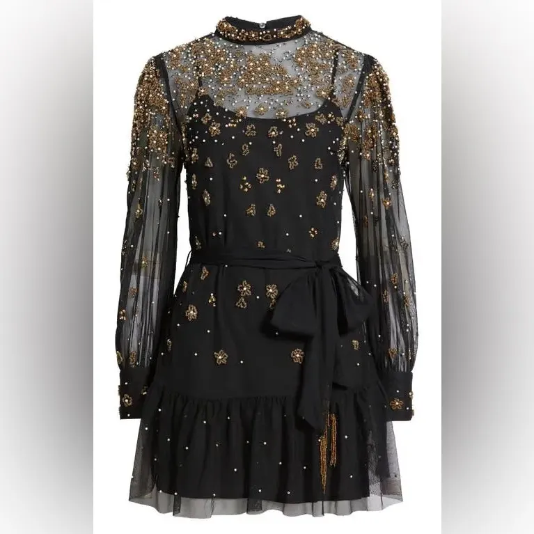 FARM RIO Black Embroidered Tulle Overlay Belted Long Sleeve Mini Dress,Small,398 - Image 10