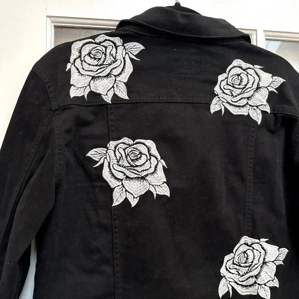 LuLaRoe | Jaxon Black w/ Grey Embroidered Roses Denim Jean Jacket Size L NWOT - Image 4