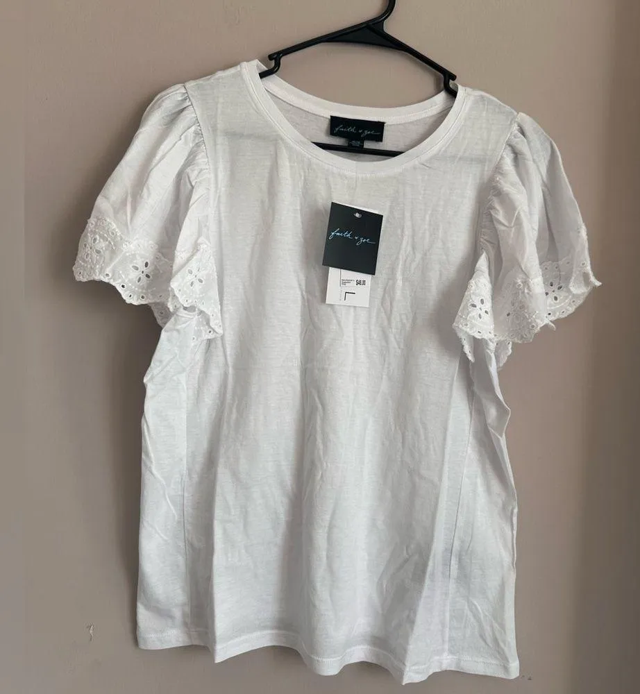 Faith & Zoe Lace Trim Flutter Sleeve T Shirt - Image 3